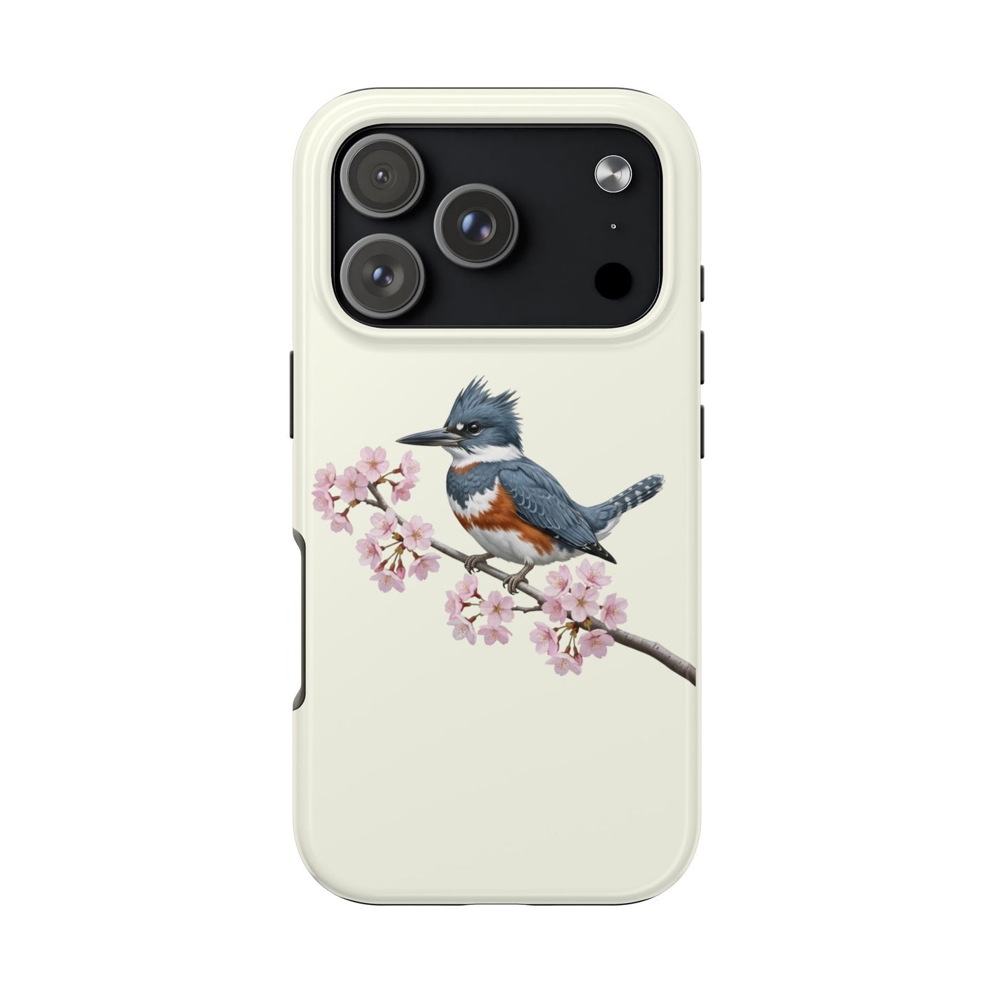 Belted Kingfisher & Cherry Blossom Tough iPhone Case Creamy White