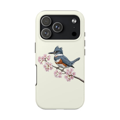 Belted Kingfisher & Cherry Blossom Tough iPhone Case Creamy White