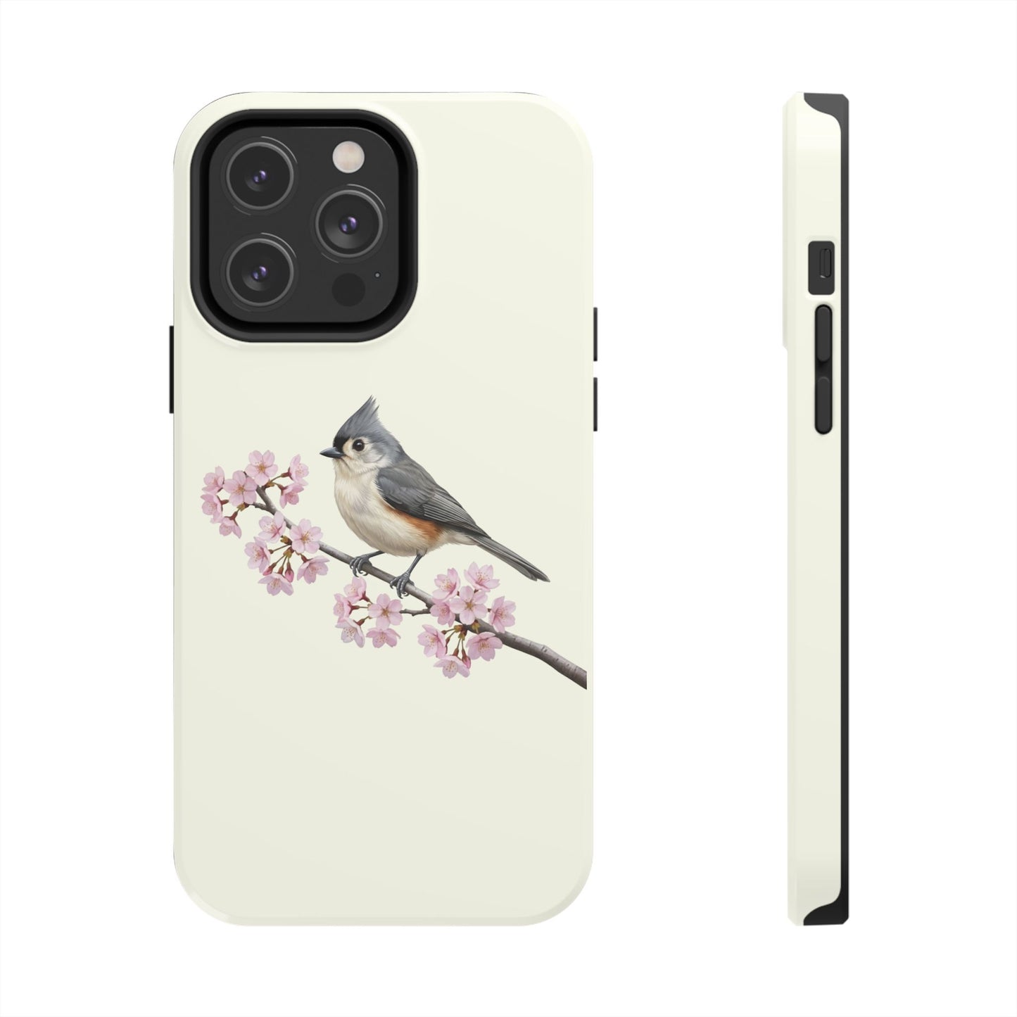 Tufted Titmouse & Cherry Blossom Tough iPhone Case Creamy White