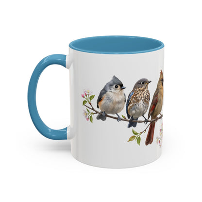 Blue Jay Cardinal Bluebird Little Owl Fledglings Two-Tone Mug | Spring Bird Lover Gift