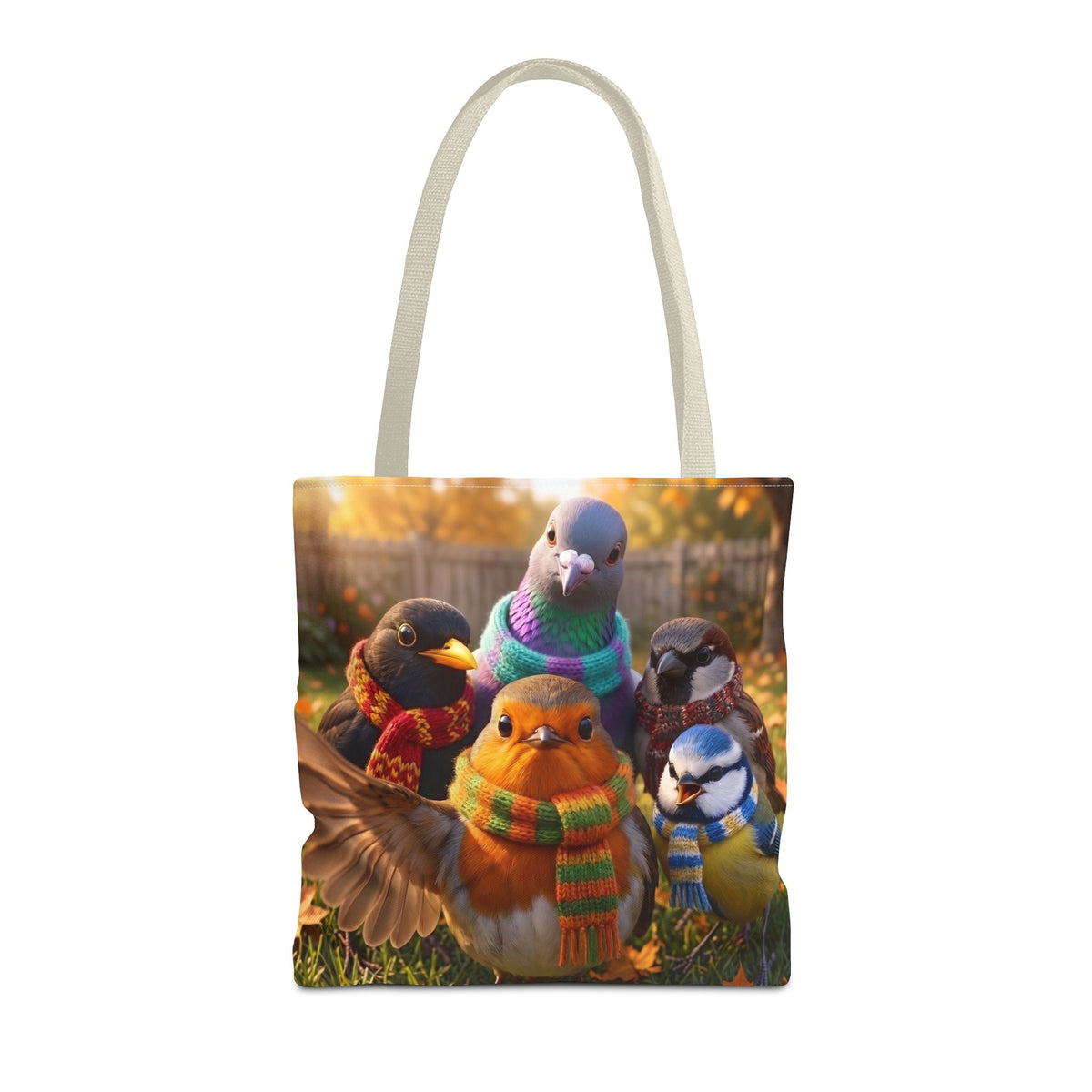 Gartenvögel Tragetasche „Rosis Gruppen-Selfie“ – Robuste Tote Bag mit Rotkehlchen, Amsel & Meise