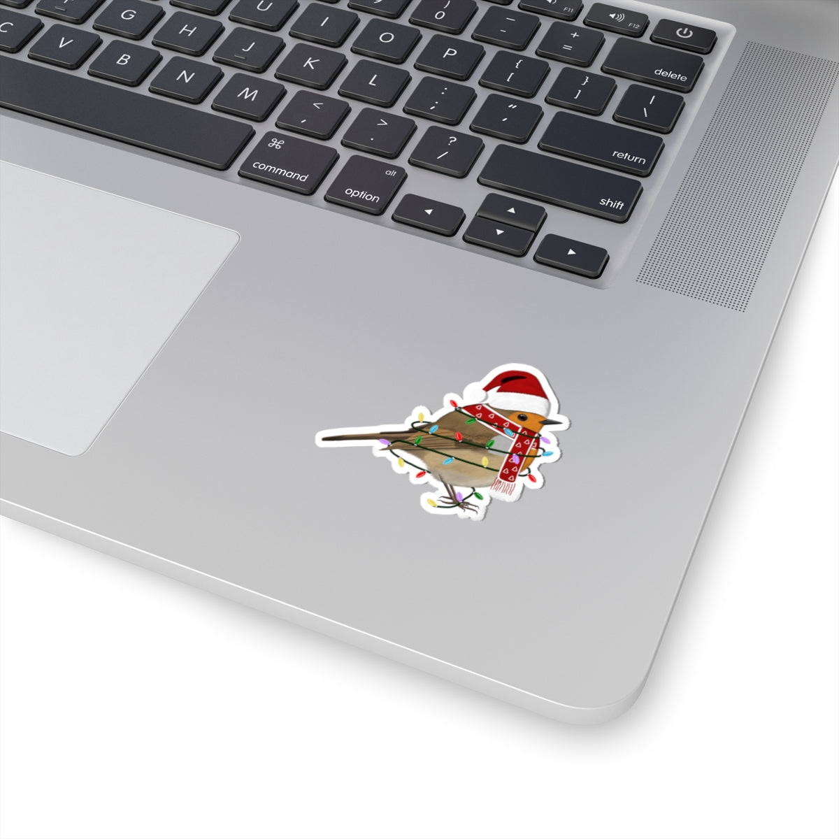 European Robin with Fairy Lights Santa Claus Hat and Scarf Christmas Bird Sticker