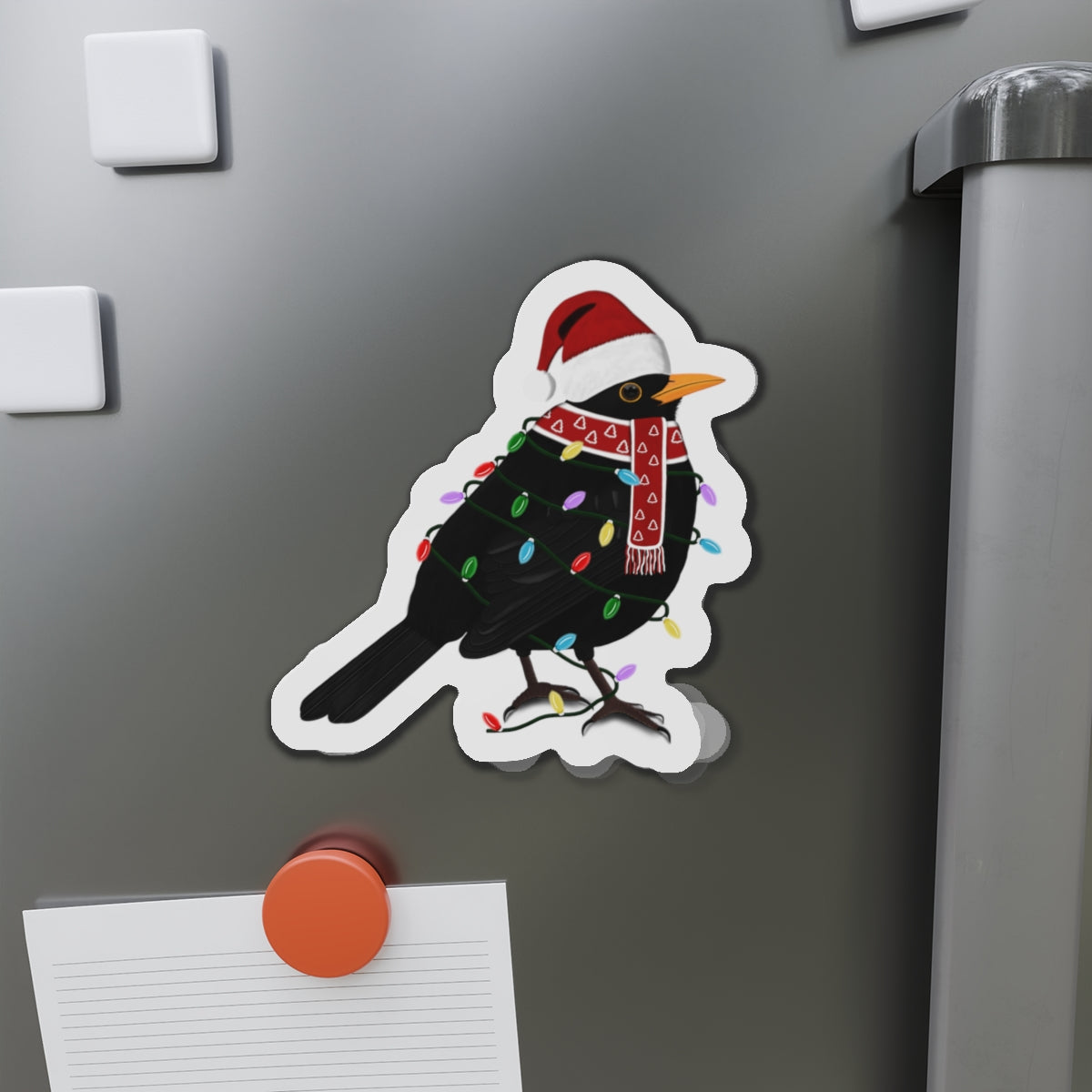 Blackbird with Fairy Lights and Scarf Christmas Bird Magnet