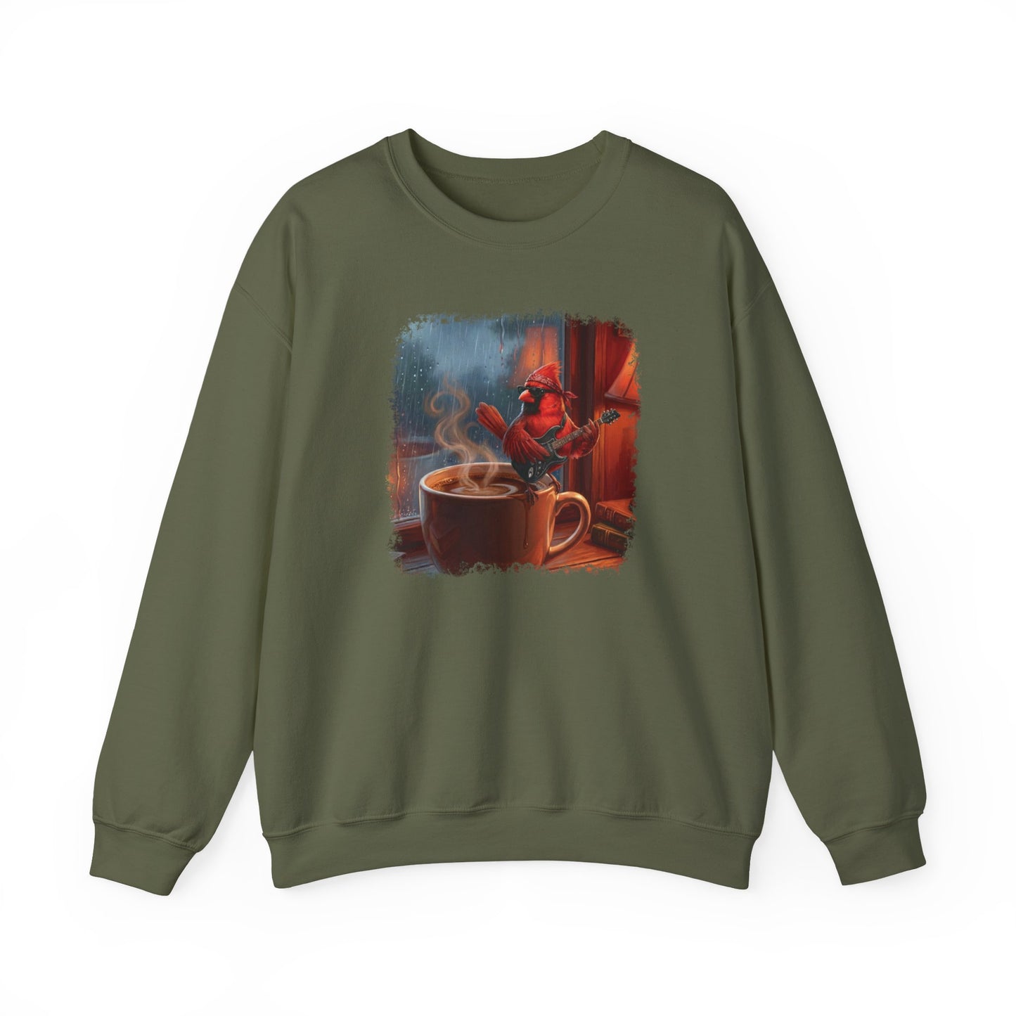 Cozy Rainy Day Coffee Sweatshirt – Vintage Cardinal with Guitar Graphic