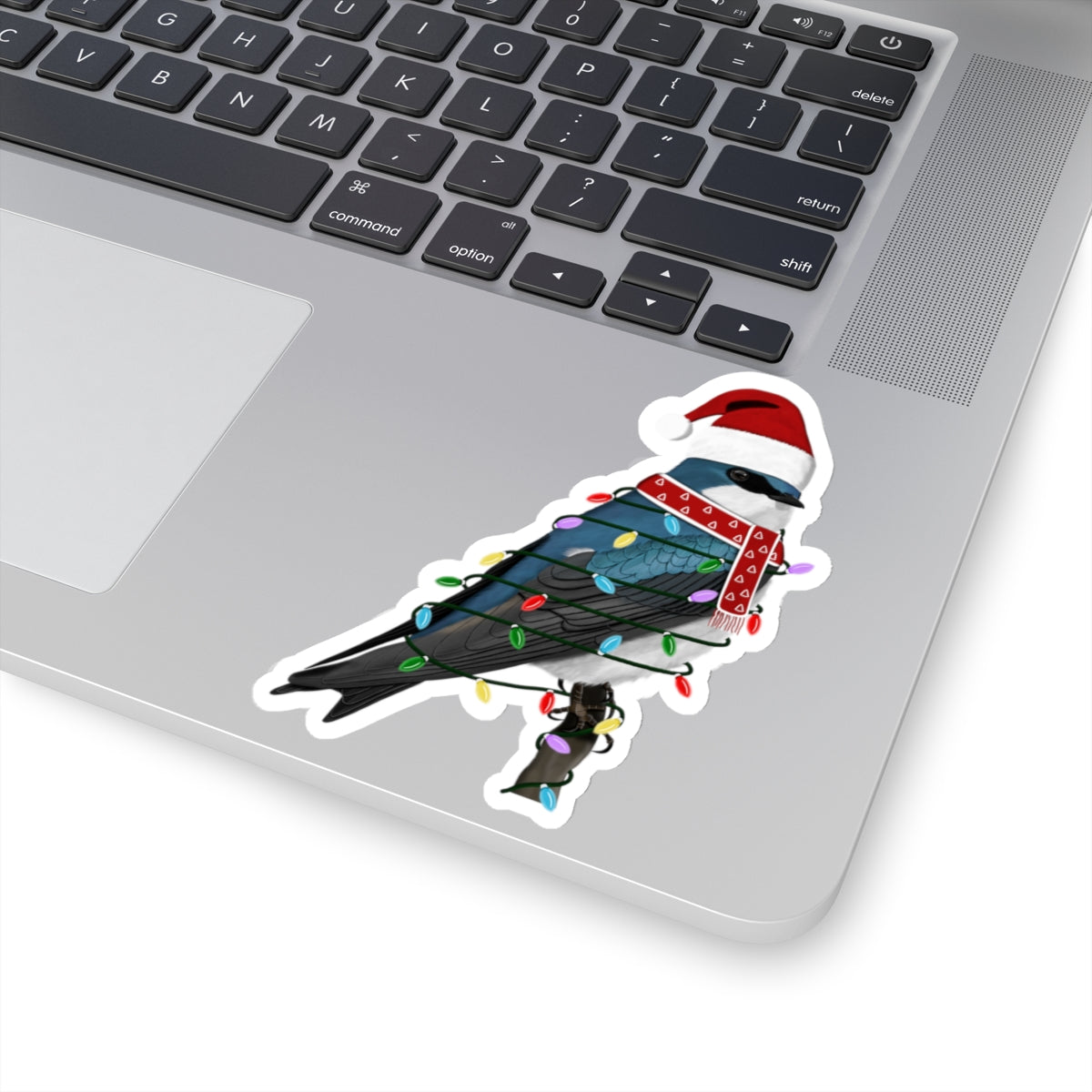 Tree Swallow with Fairy Lights Santa Claus Hat and Scarf Christmas Bird Sticker