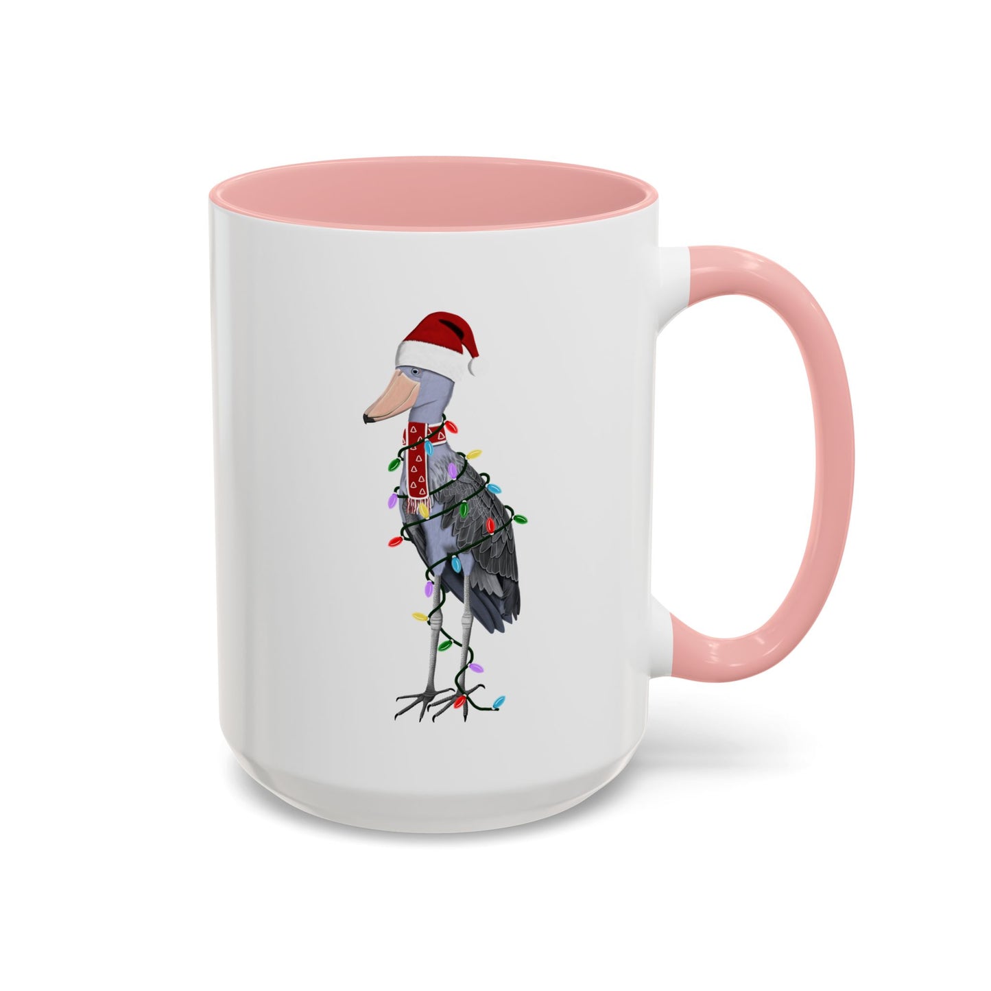 サンタクロースのハシビロコウとフェアリーライトの陶器製バードコーヒーマグ – バードウォッチャーへのカスタムギフト