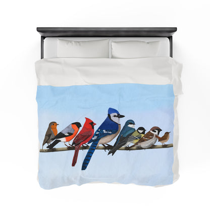 Blue Jay Cardinal Robin Bullfinch Backyard Birds on a Branch Velveteen Plush Blanket Blue