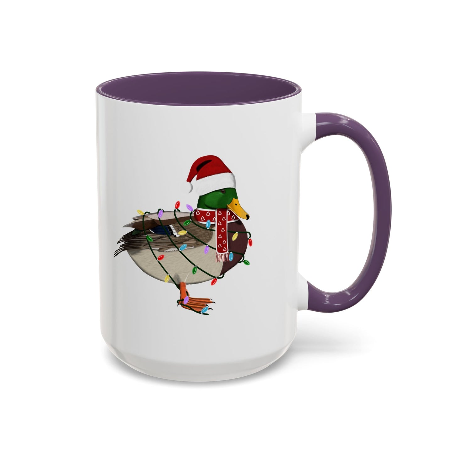 サンタクロースのマガモとフェアリーライトの陶器製バードコーヒーマグ – バードウォッチャーへのカスタムギフト