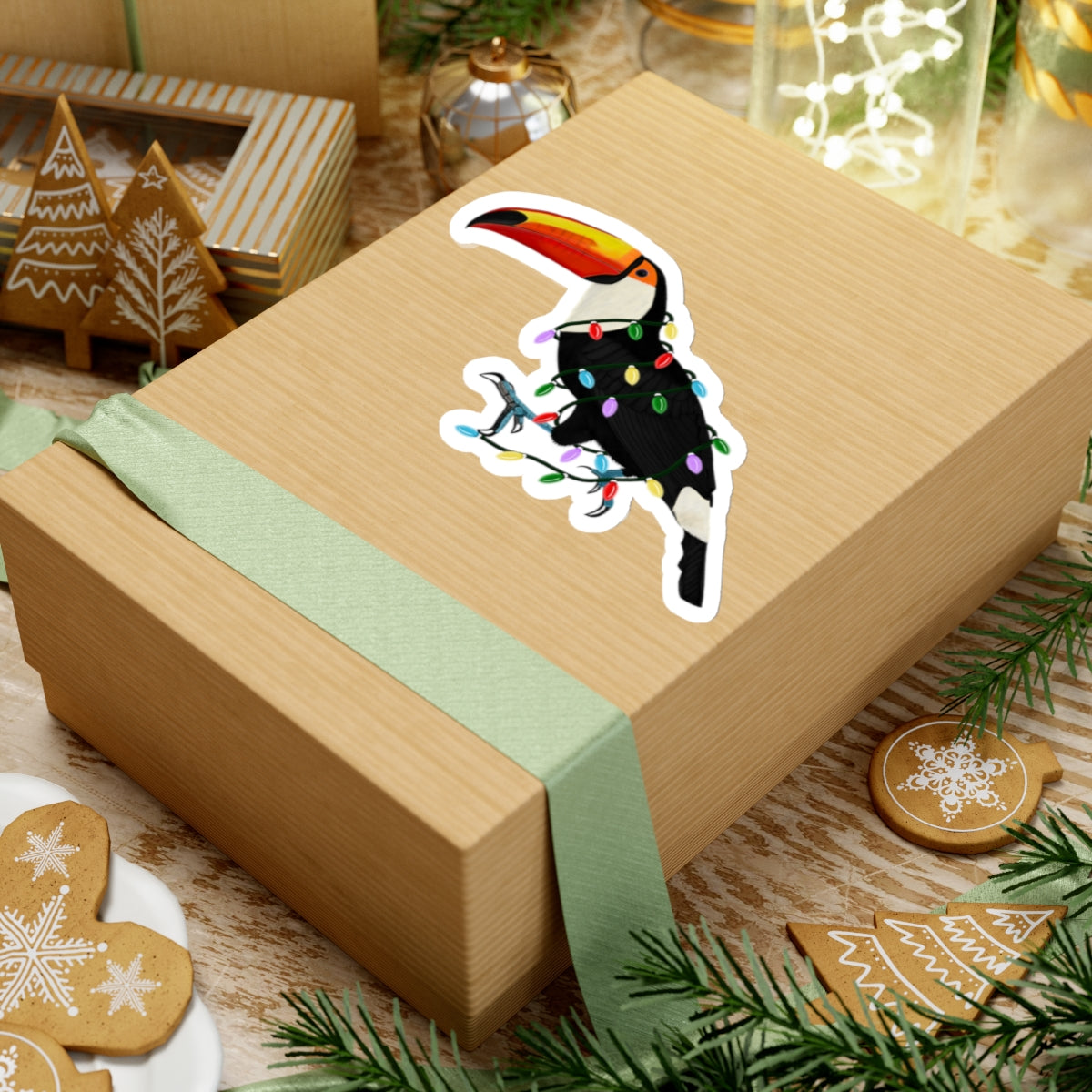 Toucan with Fairy Lights and Santa Claus Hat Christmas Bird Sticker