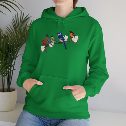 Backyard Birds on a Branch Blue Jay Cardinal Robin Chickadee Oriole Birdwatcher Hoodie