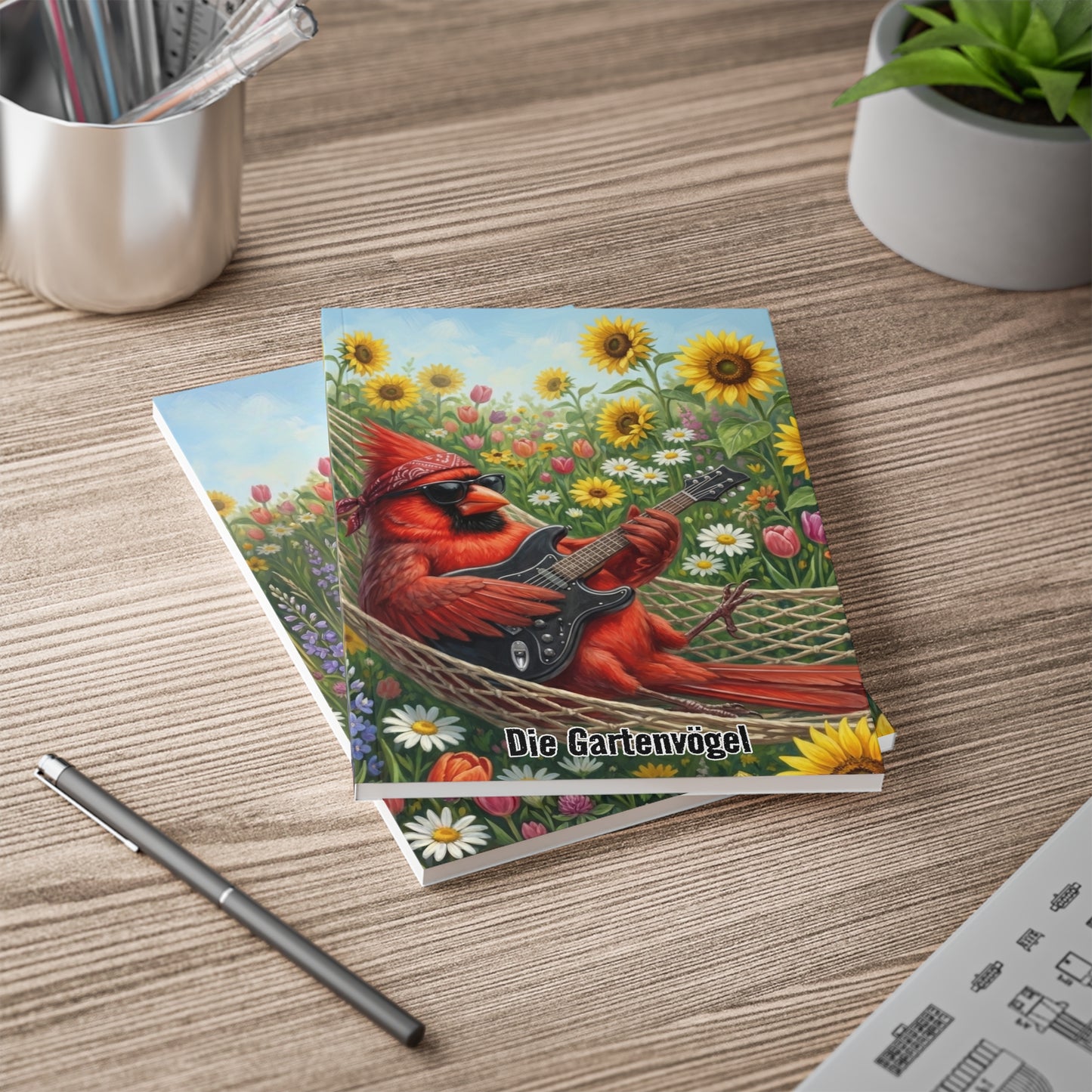Chordinal mit Gitarre in der Hängematte - Premium Notizbuch A5 mit Vogelmotiv | Die Gartenvögel