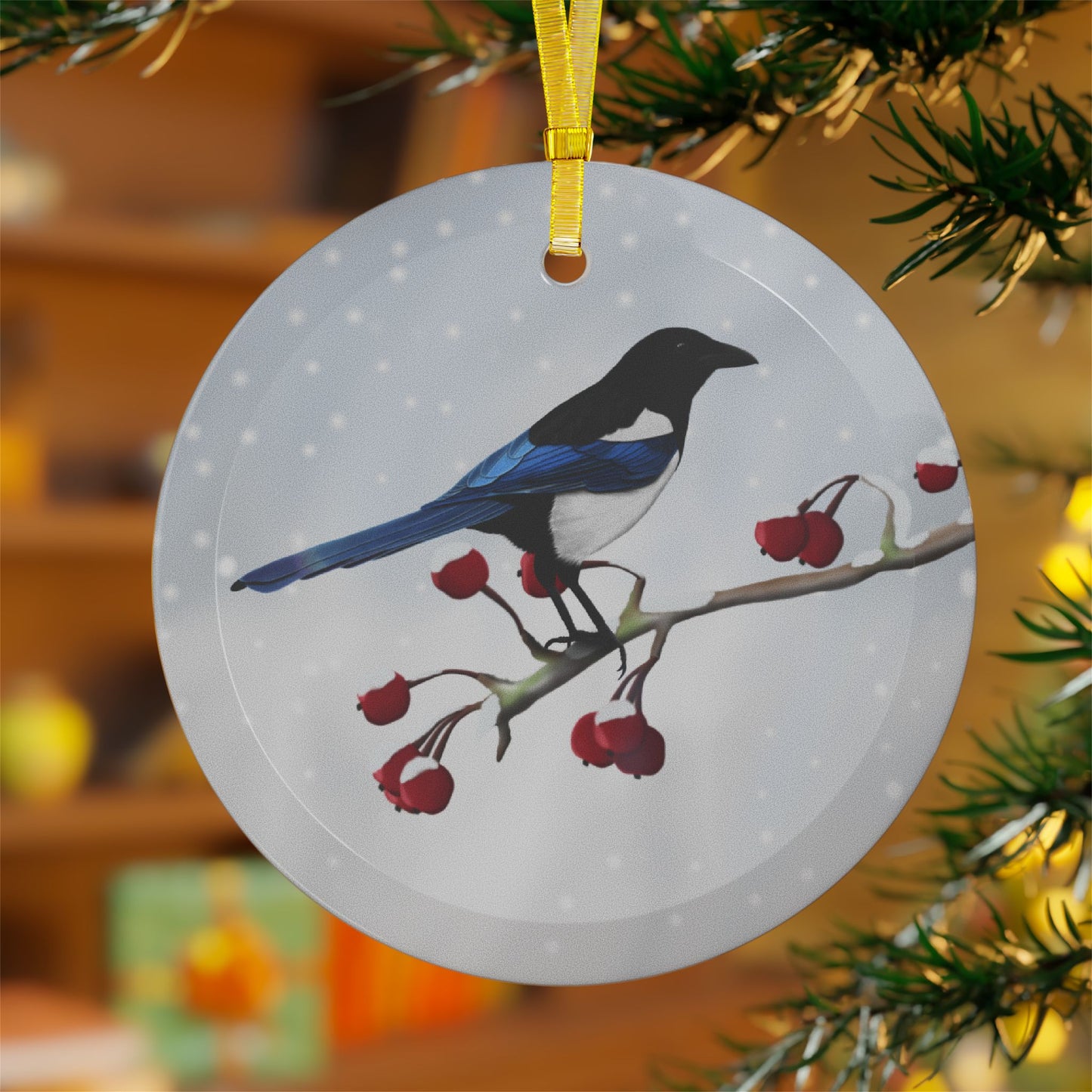 Magpie Snow Bird Christmas Glass Ornament White