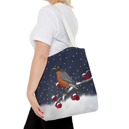 Robin on a Winter Branch Christmas Bird Tote Bag 16"x16"