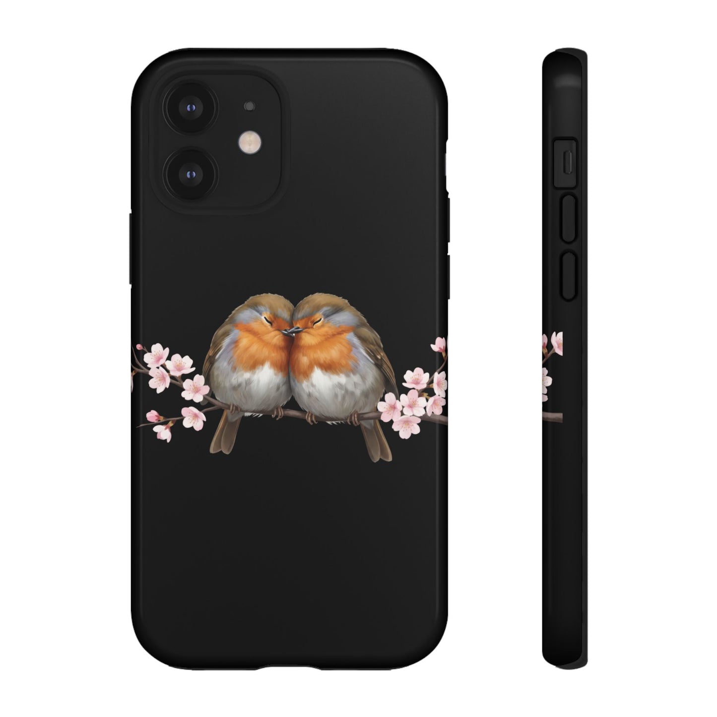 Rotkehlchen mit Kirschblüten Premium Handyhülle – Doppelt Geschützt & Rundum Bedruckt Schwarz