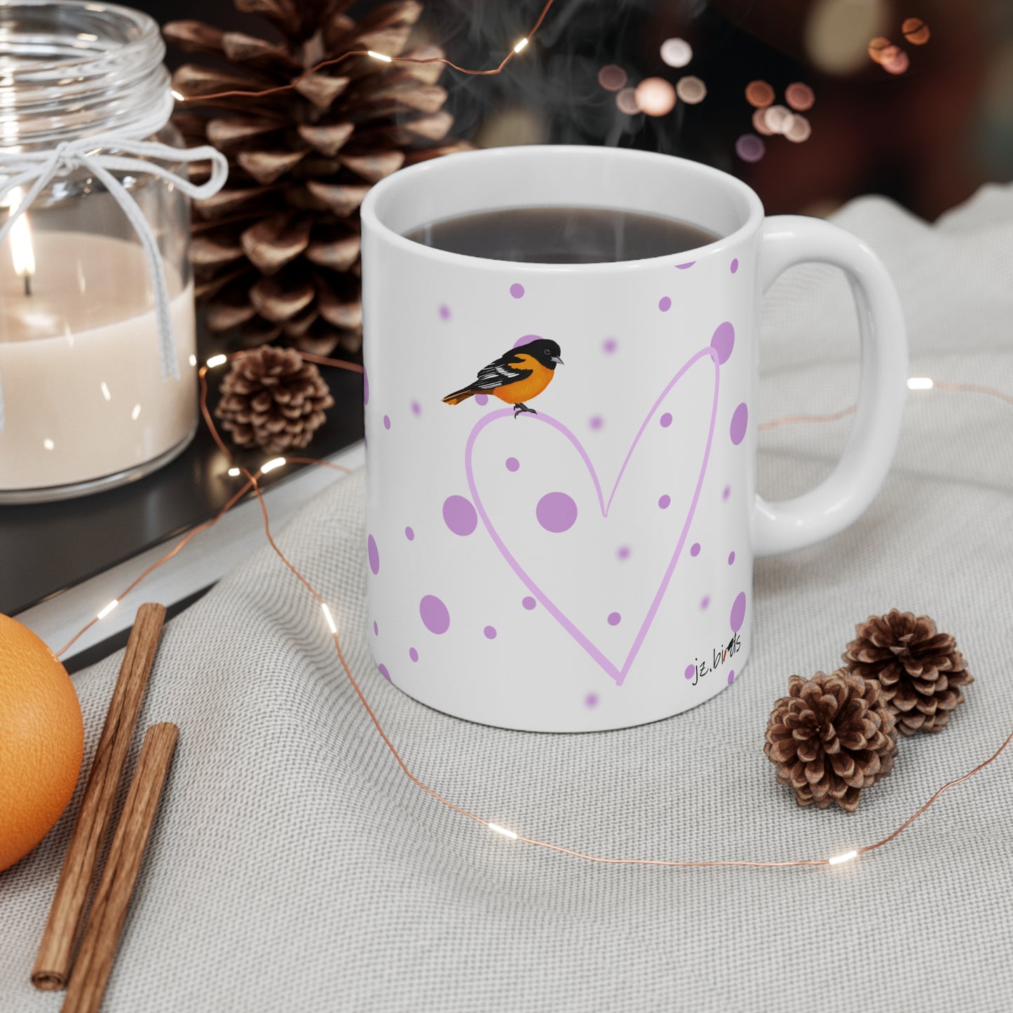 Baltimore Oriole Valentine's Day Bird Mug 11oz Pink Heart