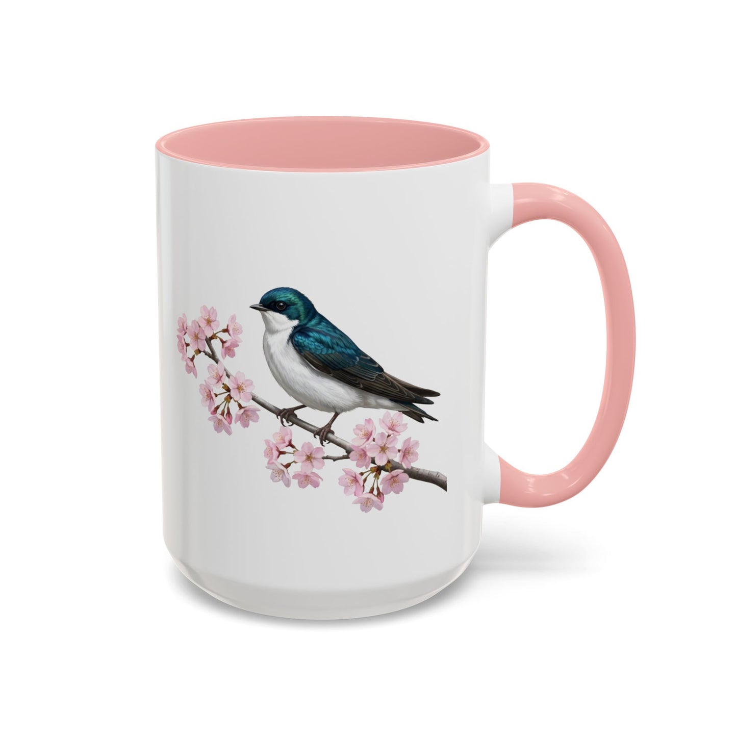 Tree Swallow Cherry Blossom Mug | Pink Ceramic Coffee Cup for Bird Lovers