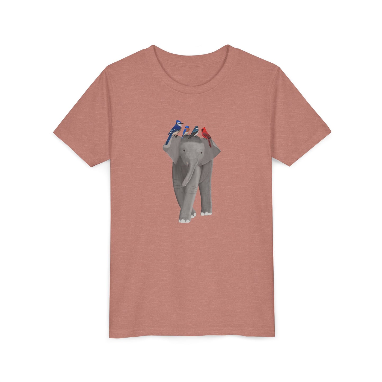 Elephant with Blue Jay Cardinal Bluebird Tree Swallow Bird Youth T-Shirt