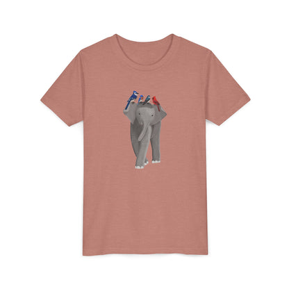 Elephant with Blue Jay Cardinal Bluebird Tree Swallow Bird Youth T-Shirt