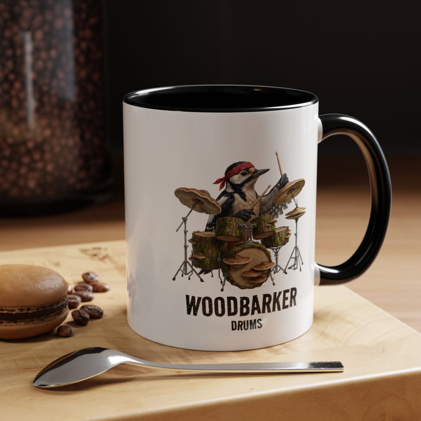 Woodbarker Drummer Mug – Funny Woodpecker Bird Gift – Heavy Metal Drumming Cup – Percussionist & Nature Lover Present