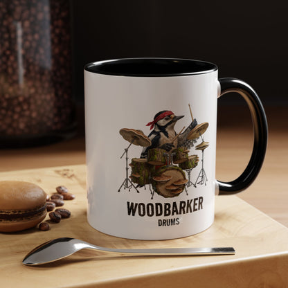 Woodbarker Drummer Mug – Funny Woodpecker Bird Gift – Heavy Metal Drumming Cup – Percussionist & Nature Lover Present