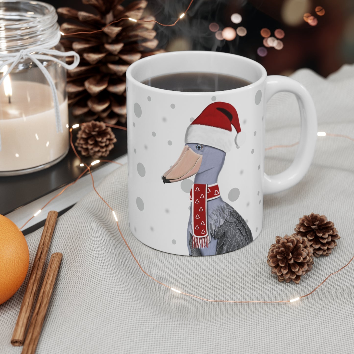 Shoebill with Red Santa Hat and Scarf Christmas Bird Ceramic Mug 11oz