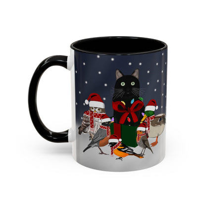 Robin Oriole Mallard Owl and Cat with Christmas Hat and Scarf Snow Bird Coffee Mug