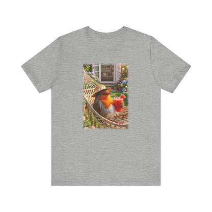 T-Shirt mit Rosi Rotkehlchen Motiv in der Hängematte für Vogelfreunde
