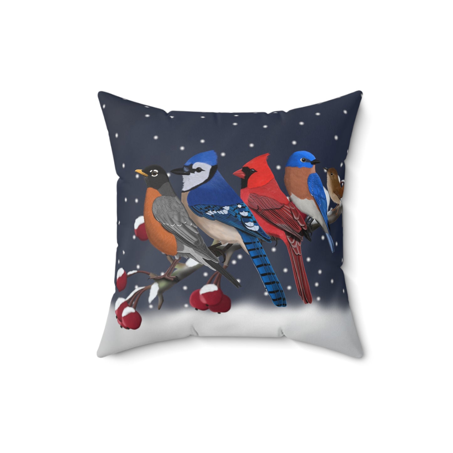 Robin Blue Jay Cardinal Bluebird Wren on a Winter Branch Christmas Bird Pillow