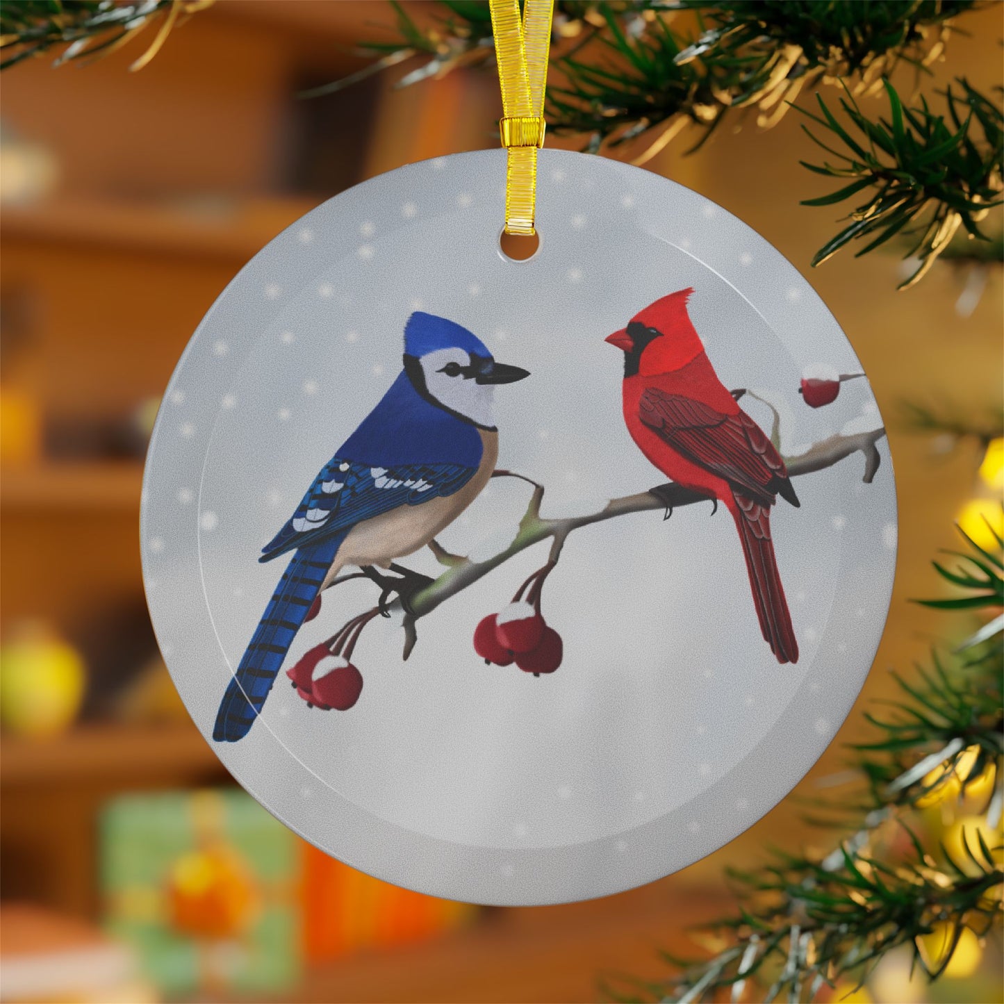 Blue Jay Cardinal Snow Bird Christmas Glass Ornament White