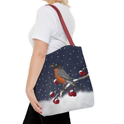 Robin on a Winter Branch Christmas Bird Tote Bag 16"x16"