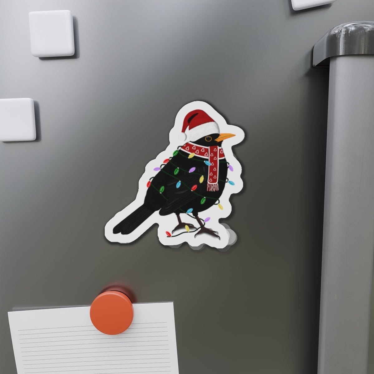 Blackbird with Fairy Lights and Scarf Christmas Bird Magnet