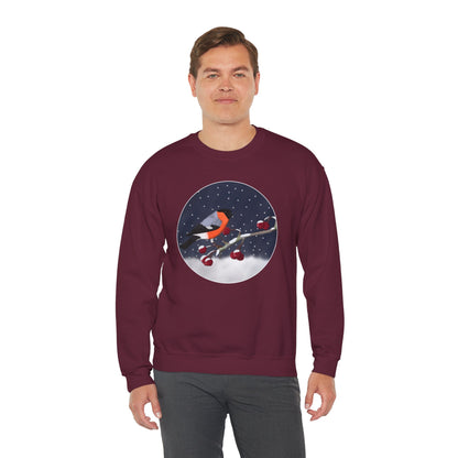 Bullfinch on a Winter Branch Birdwatcher Christmas Bird Sweatshirt