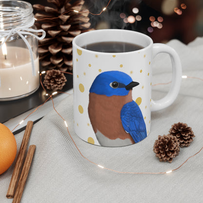 Bluebird Bird Ceramic Mug White Golden Dots 11oz