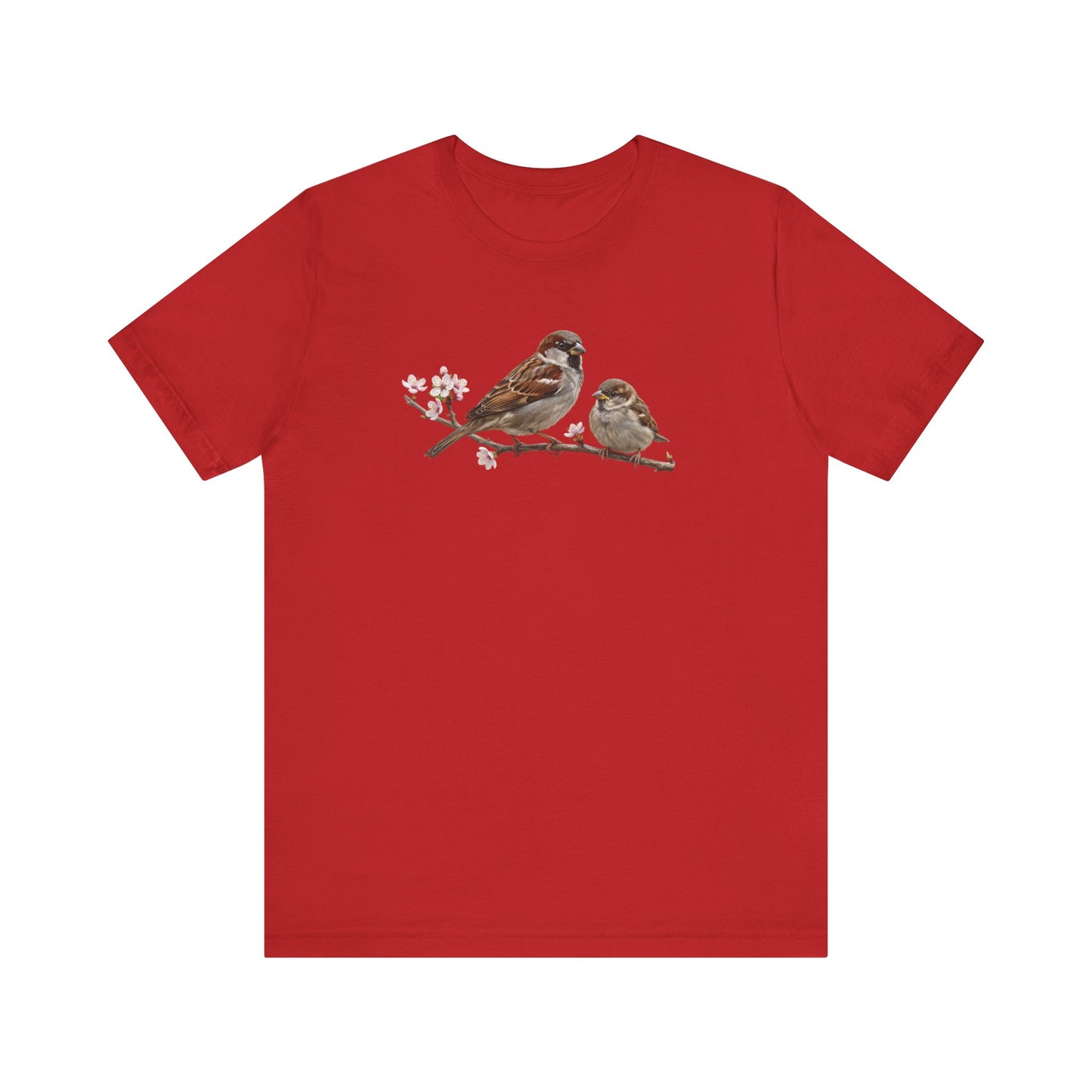 Tree Sparrow & Fledgling T-Shirt | Spring Blossoms Unisex Graphic Tee