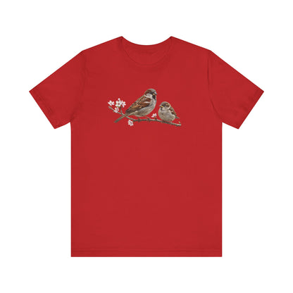 Tree Sparrow & Fledgling T-Shirt | Spring Blossoms Unisex Graphic Tee