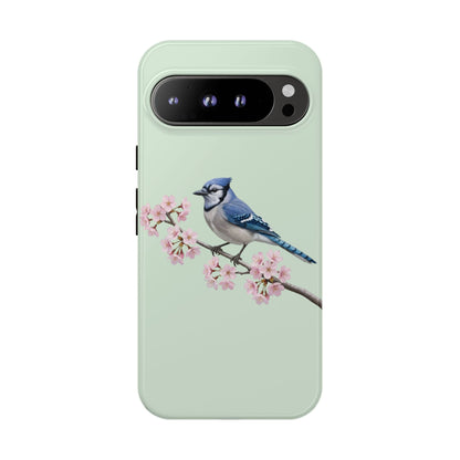 Blauhäher Handyhülle in Salbeigrün | Florales Kirschblüten Vogel-Motiv für iPhone & Google Pixel
