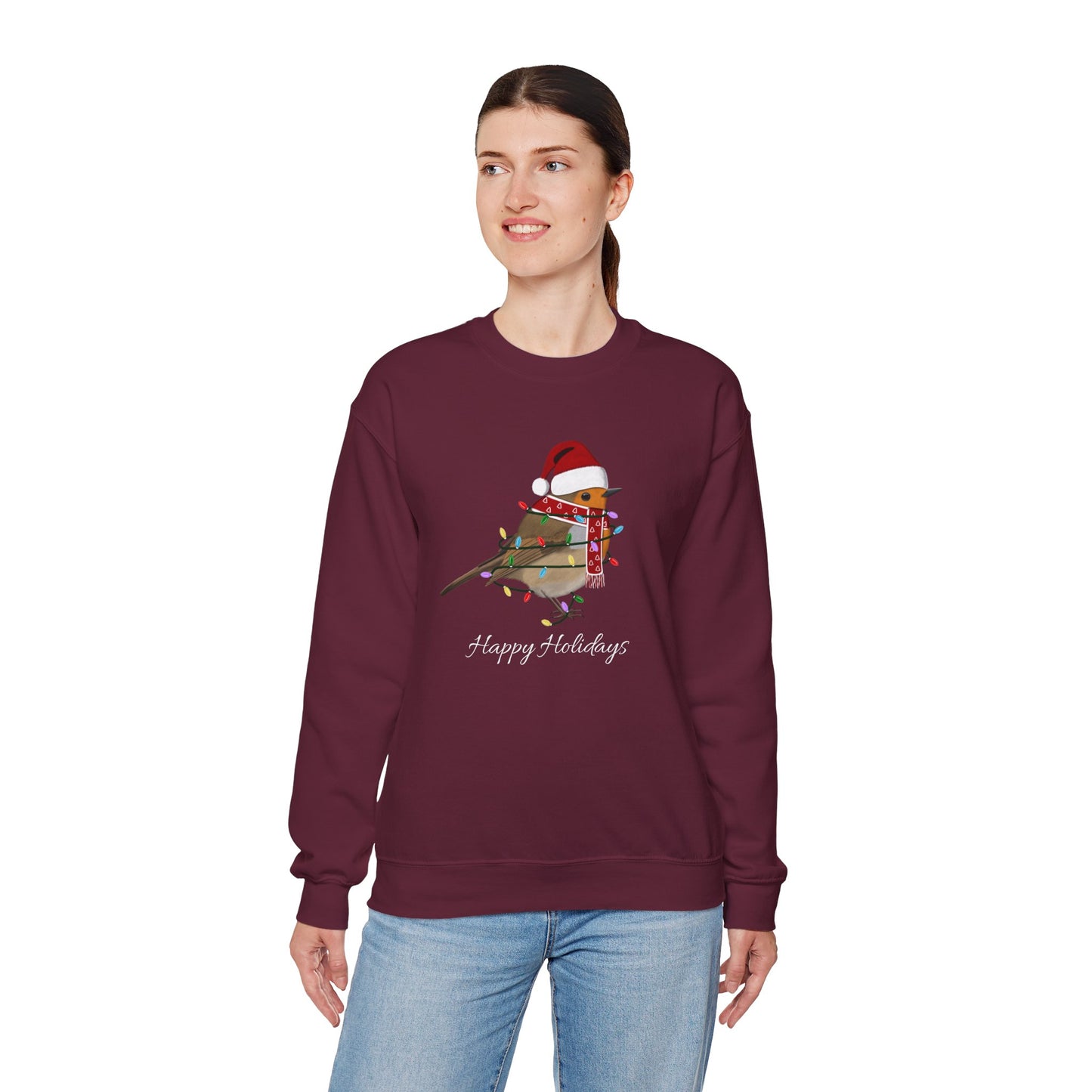 European Robin with Fairy Lights as Santa Happy Holidays Birdwatcher Christmas Bird Sweatshirt