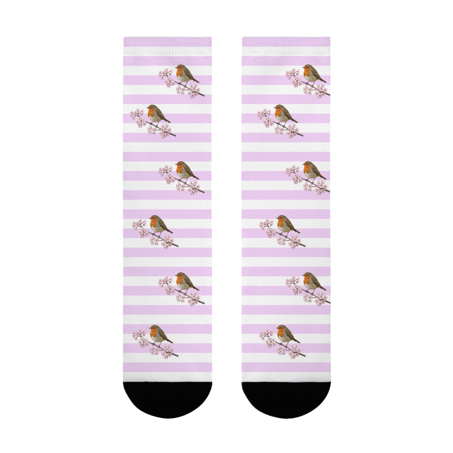 Chaussettes Rouge-Gorge avec fleurs de cerisier | Chaussettes rayées blanc et rose avec des motifs d'oiseaux