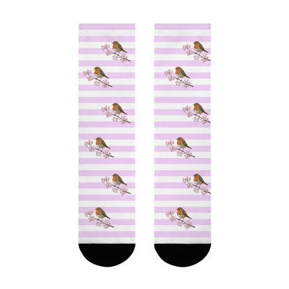 Chaussettes Rouge-Gorge avec fleurs de cerisier | Chaussettes rayées blanc et rose avec des motifs d'oiseaux