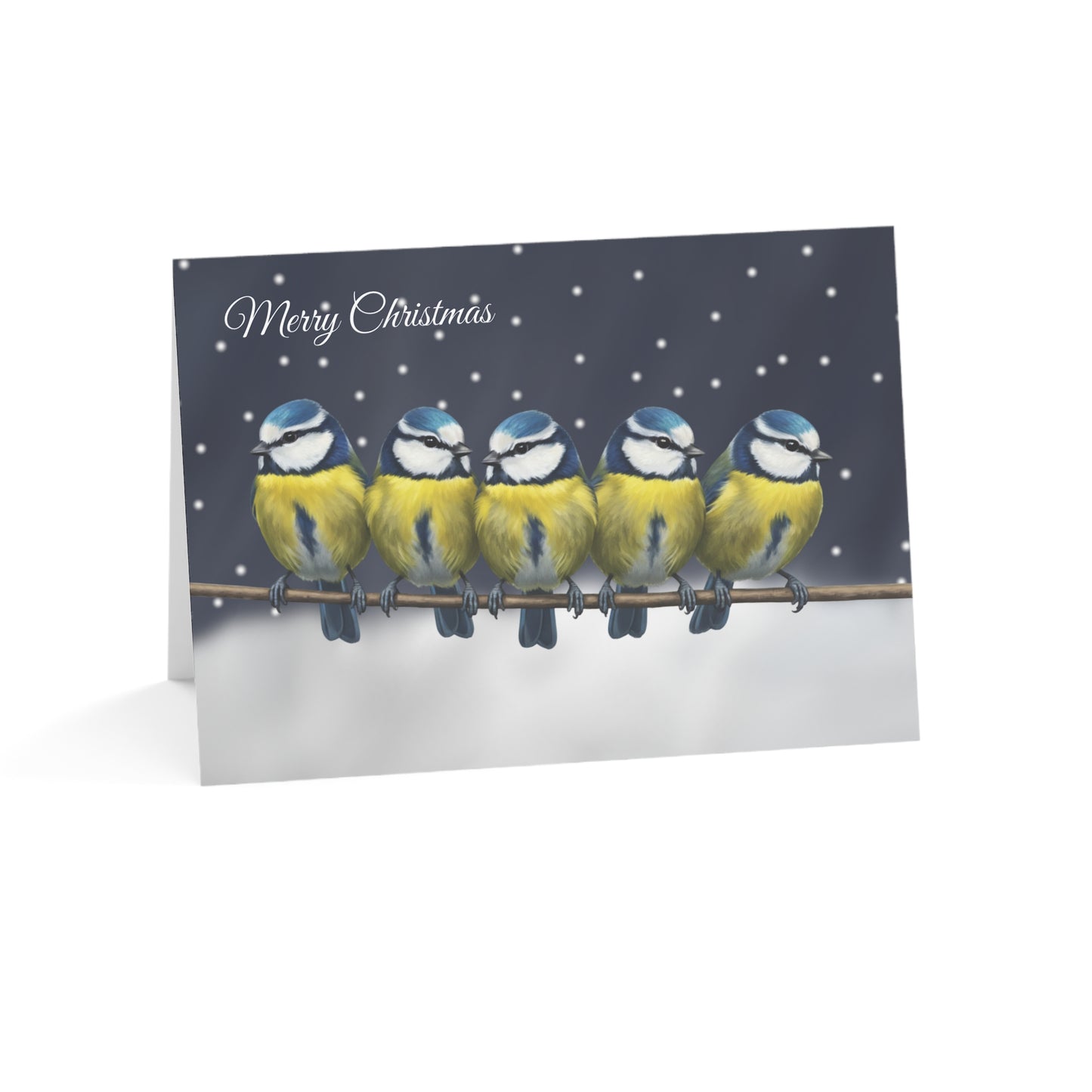 Blue Titmice Bird Art Premium Christmas Card 7x5" | Double-Sided Matte Holiday Greeting