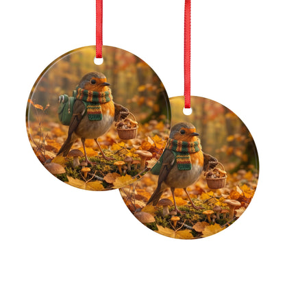 Premium Keramik Ornament Rosi Rotkehlchen sammelt Pilze | Herbst Deko für Vogelfreunde und Vogelbeobachter
