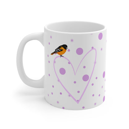 Baltimore Oriole Valentine's Day Bird Mug 11oz Pink Heart