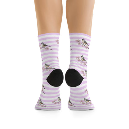 Tufted Titmouse Socks – Pink Cherry Blossom – Cute Birdwatching & Bird Lover Gift