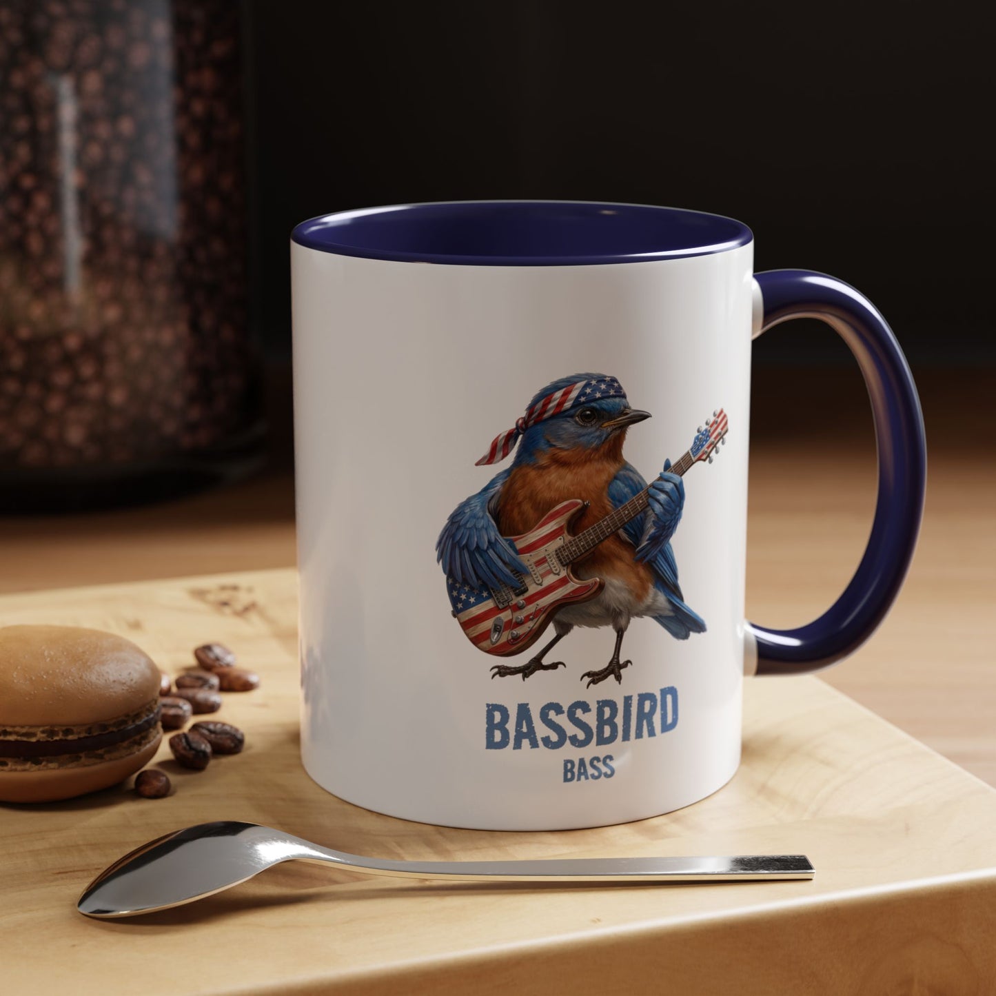 Bassbird Bassist Mug – Patriotic Eastern Bluebird Gift – Funny Bass Guitar Player Cup – USA Flag & Music Lover Present