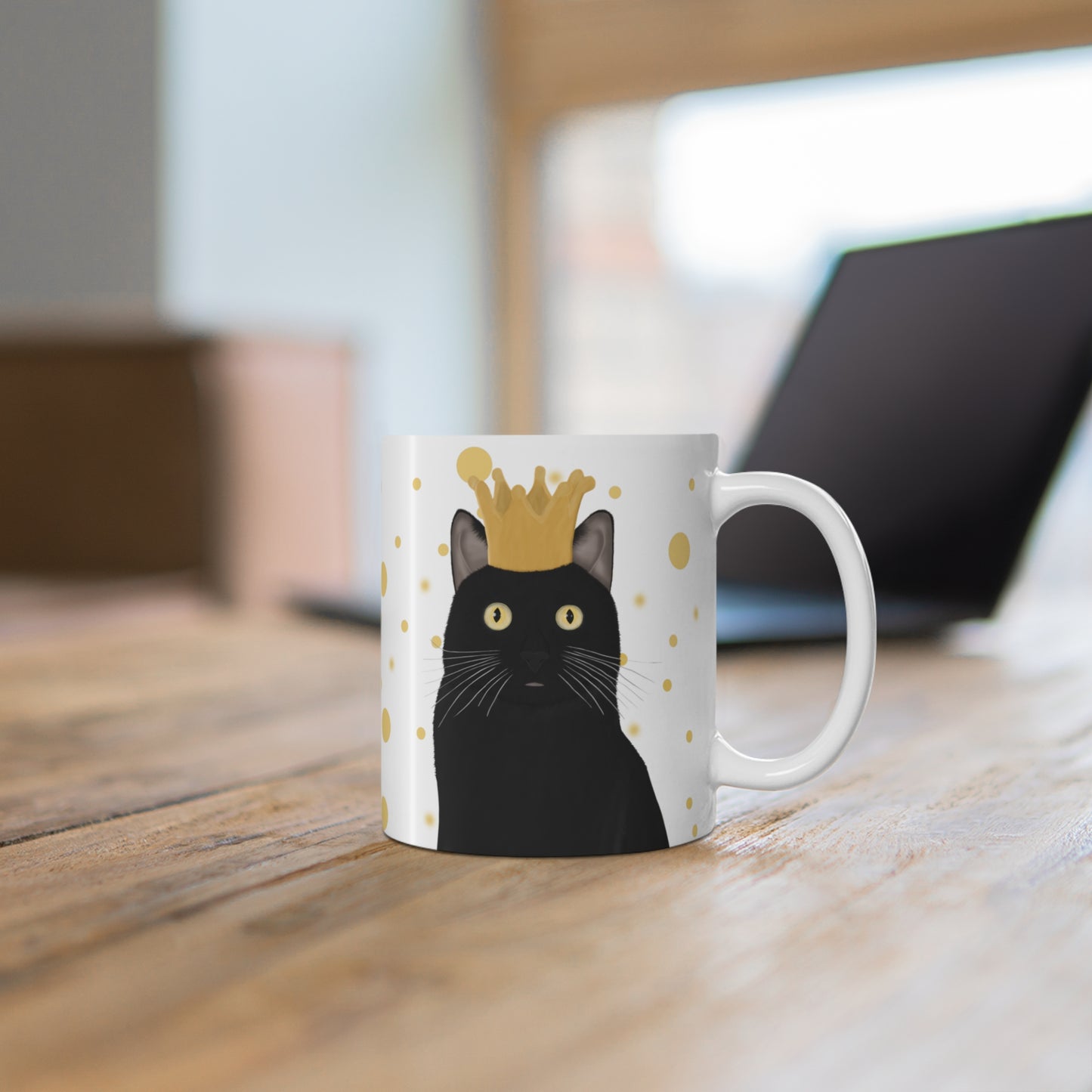 Black Cat with Crown Cat Lover Ceramic Mug White Golden Dots