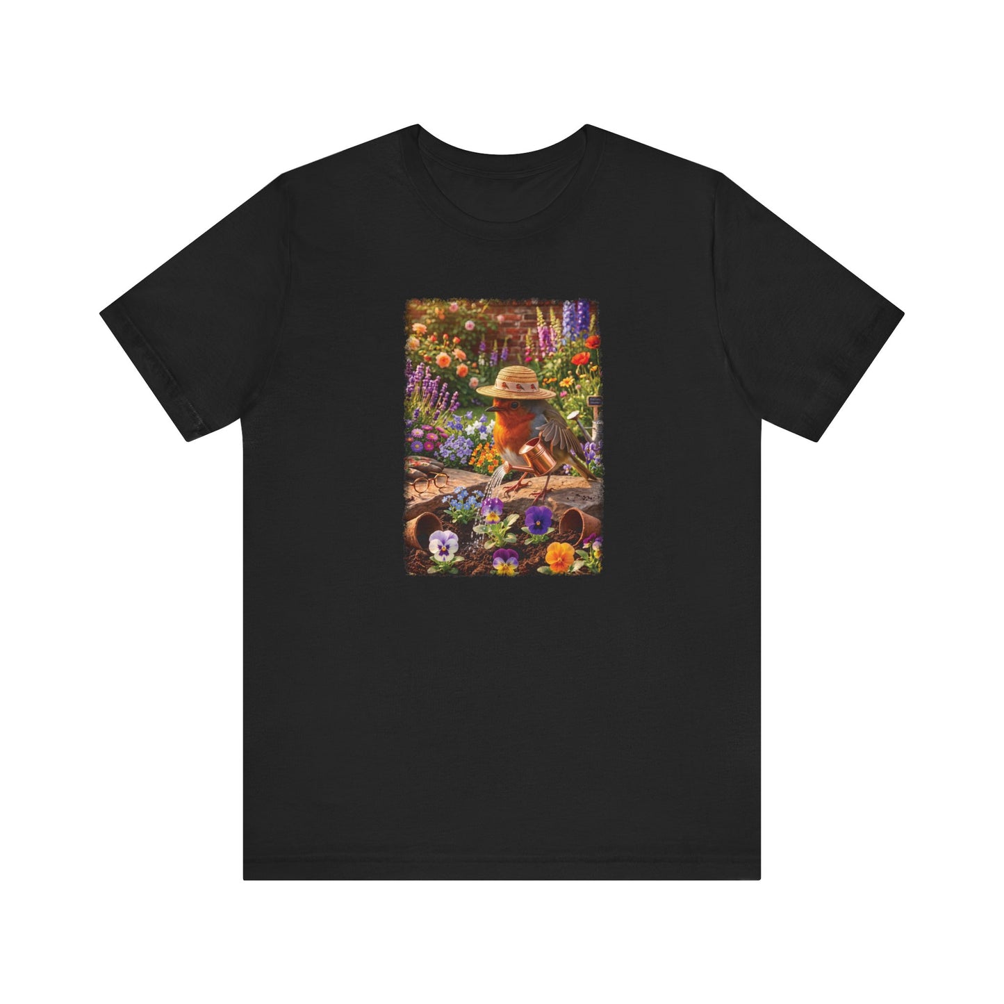 Robin Rosi Watering Flowers T-Shirt for Bird Lovers
