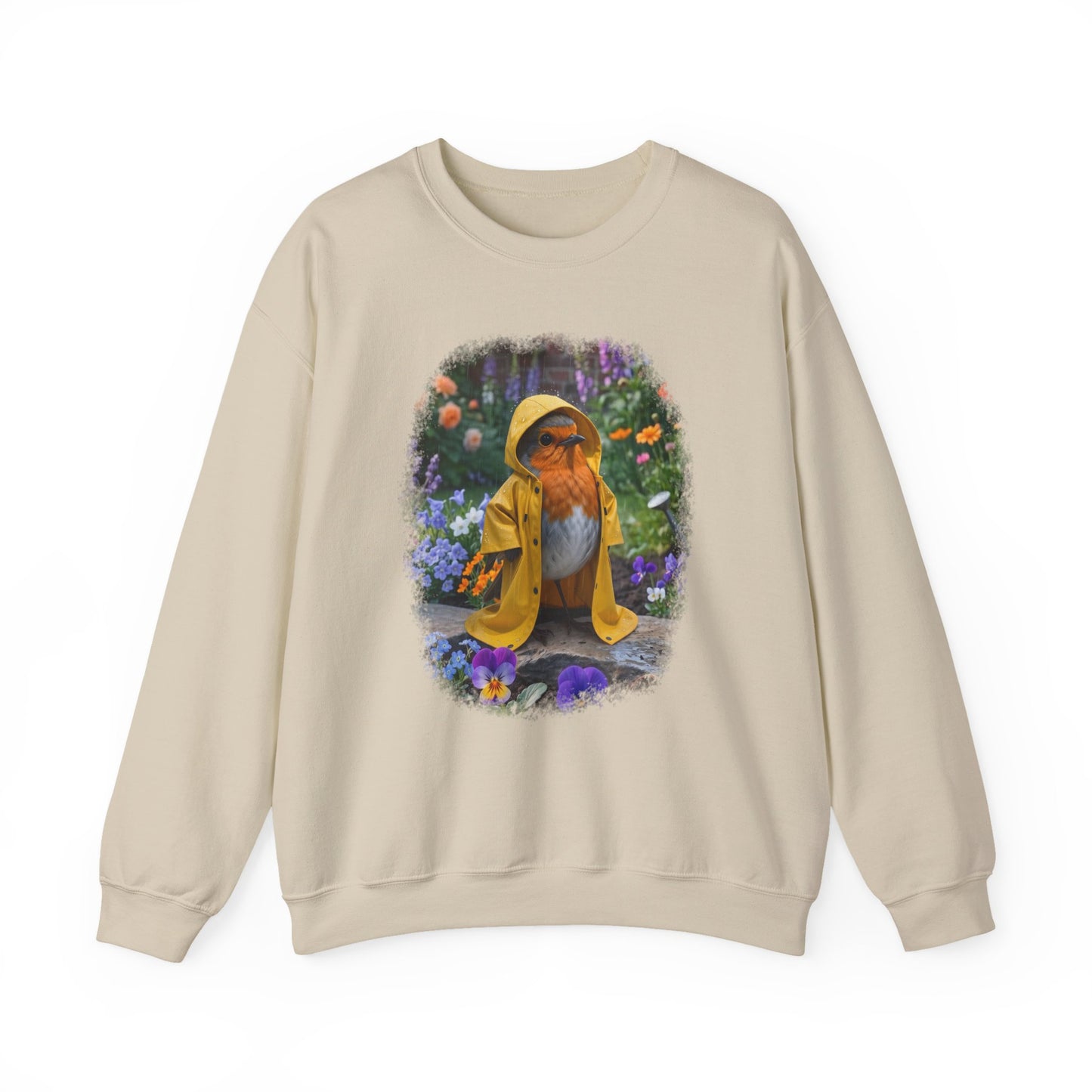 Robin Rosi Yellow Raincoat Garden Premium Sweatshirt for Bird Lovers