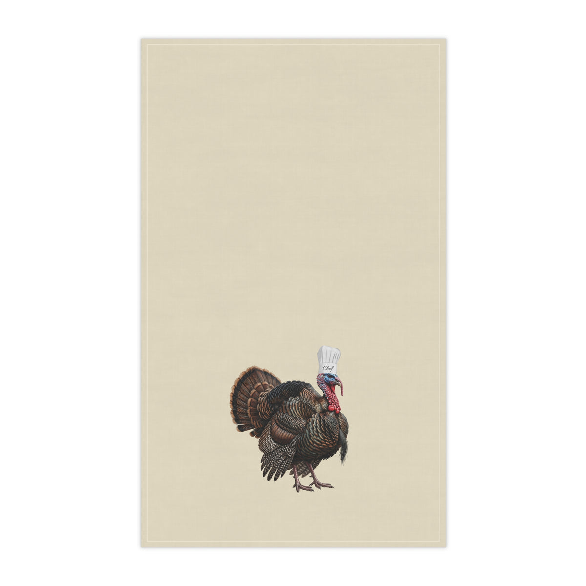 A rectangular beige kitchen towel featuring a small illustrated turkey near the bottom center, wearing a white chef's hat. The product is shown flat against a plain white background.