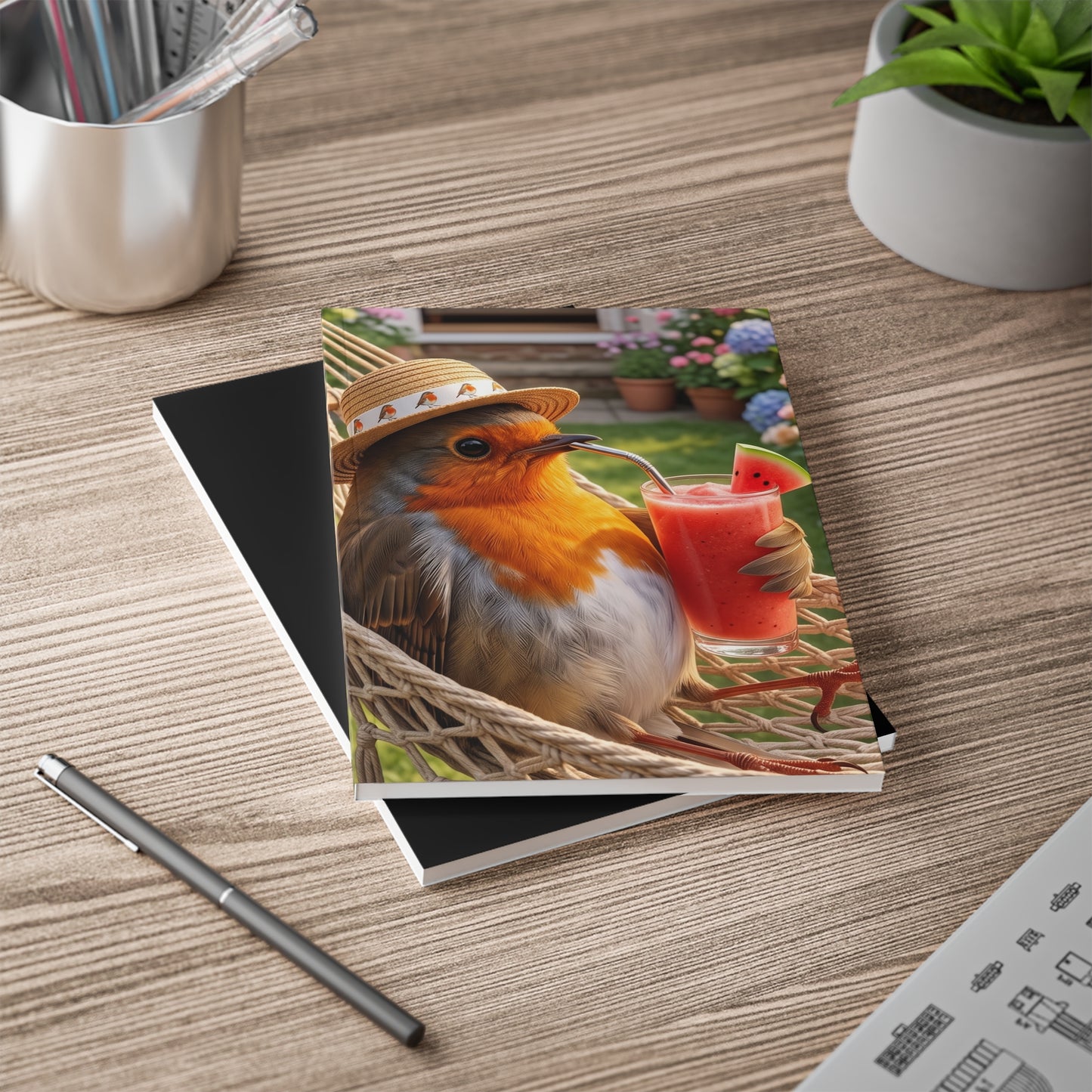 Rosi Rotkehlchen in der Hängematte Notizbuch A5 liniert als Sommer Geschenk für Gartenfreunde und Schreibwaren Fans