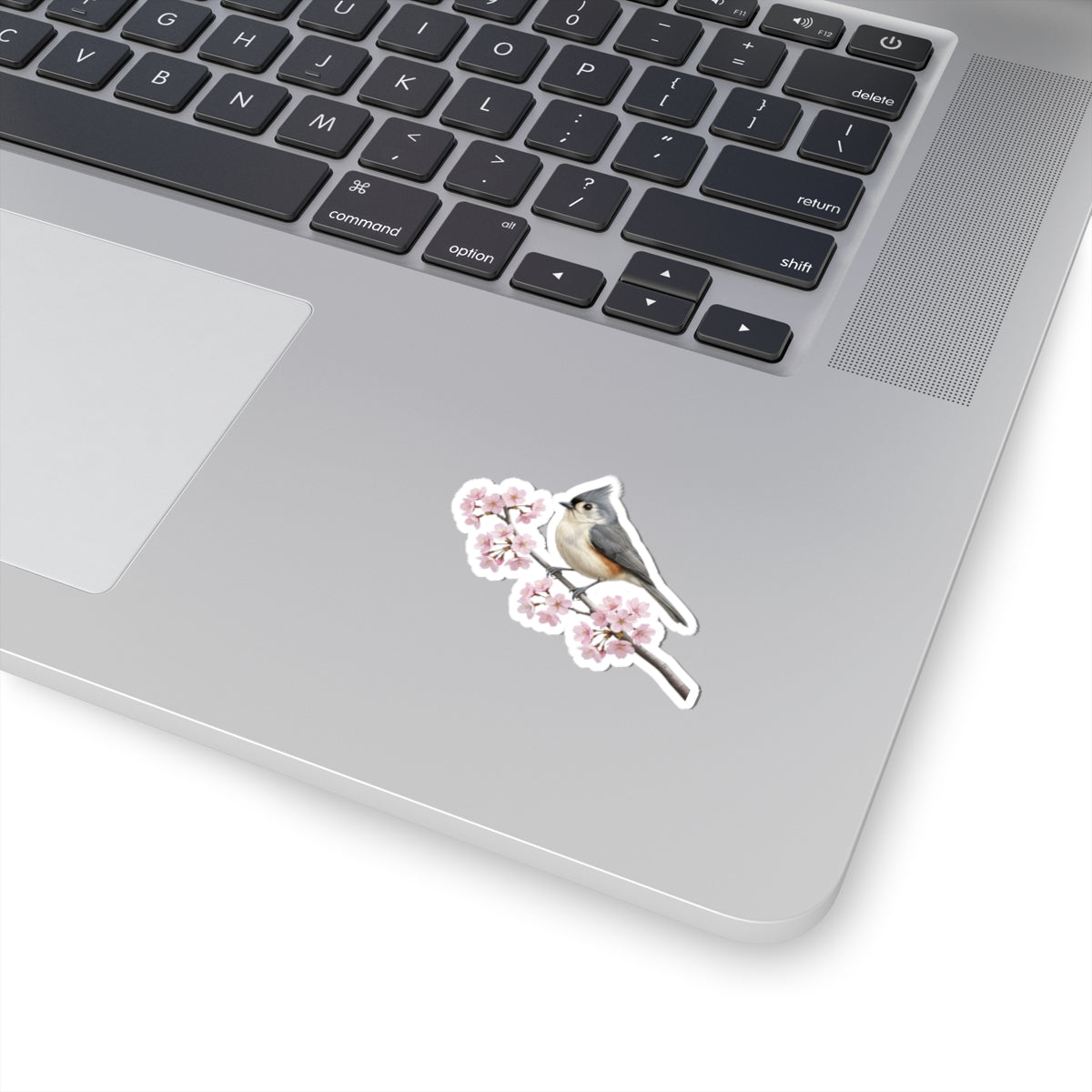 Tufted Titmouse Cherry Blossom Sticker | Glossy Floral Bird Decal | Spring Laptop Sticker